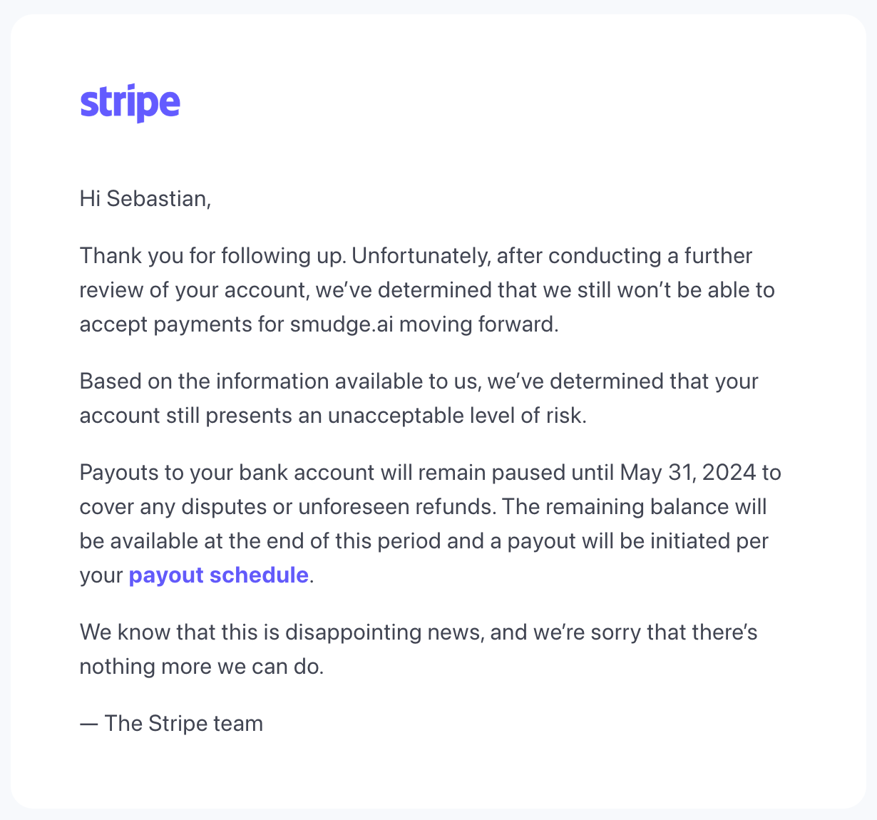 Screenshot of an automated reply from Stripe