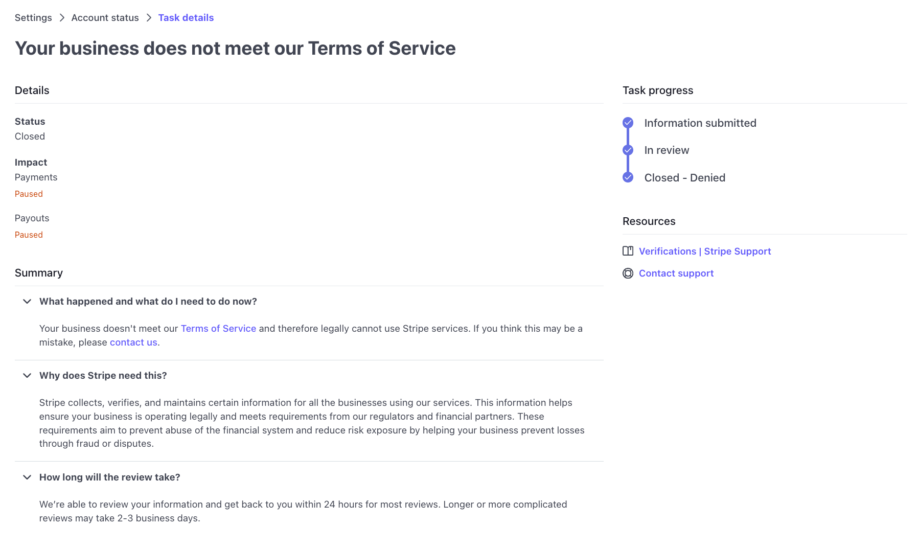 Screenshot from Stripe indicating we do not meet their Terms of Service