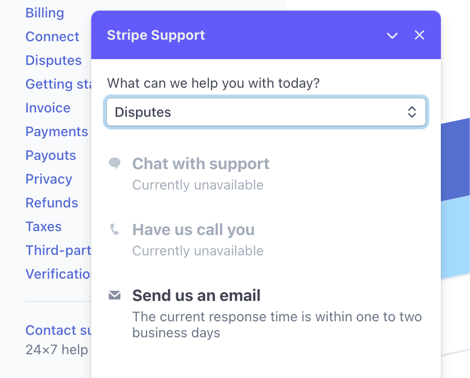 Screenshot of Stripe's limited customer support options