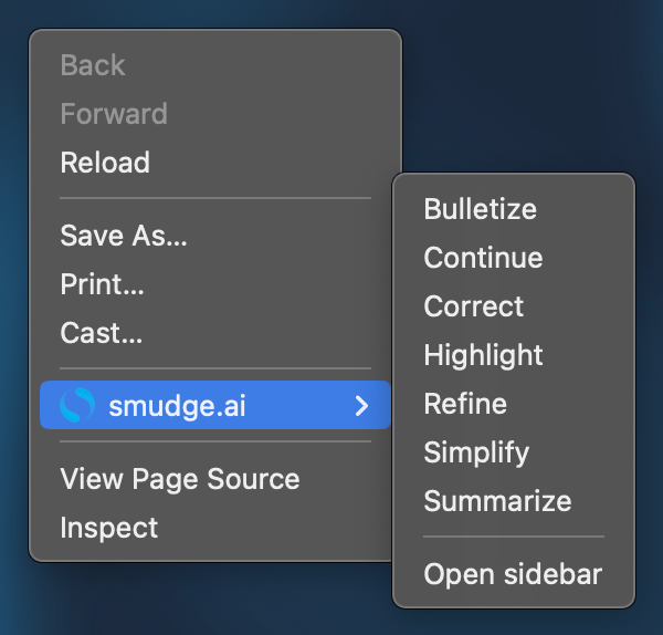 Default context menu options